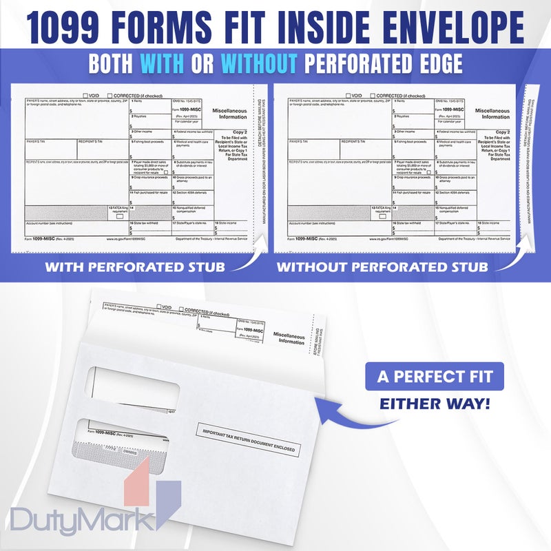 Dutymark DuryMark 1099 Misc Tax Forms 2025 with Envelopes, 25 Vendor Kit for 4 Part Tax Forms, Compatible with QuickBooks and Accountings Software, 25 Self Seal Envelopes, Made in USA - Image 3